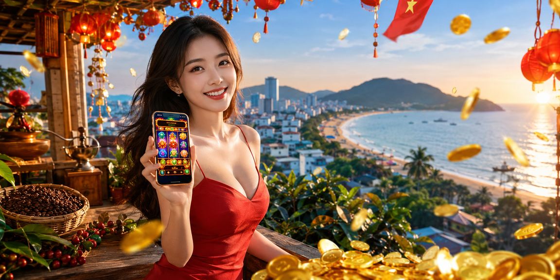 Người dùng Việt Nam thư giãn bên ly cà phê tại Côn Đảo trong lúc chơi slot game trên điện thoại